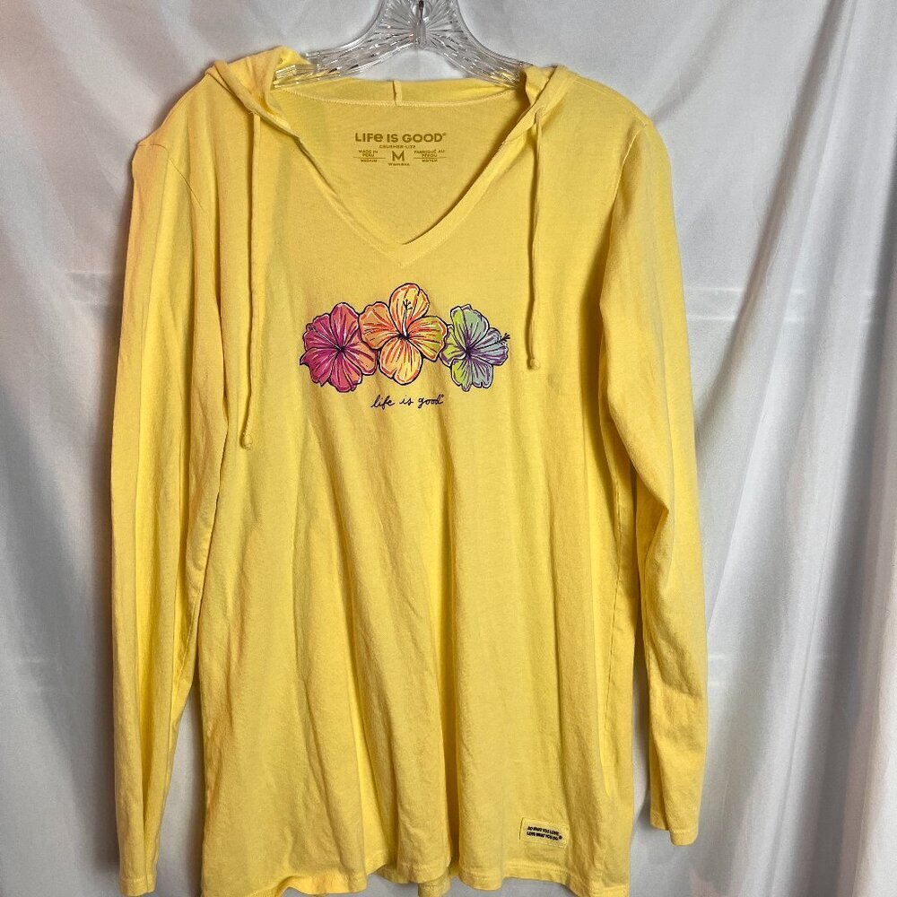 Women's Yellow Life is Good Hooded long slv Crusher T shirt Size M